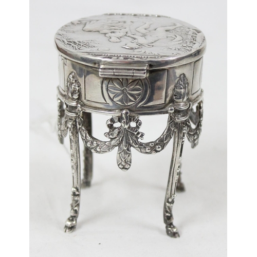 1033 - A continental silver trinket box formed as a miniature table, indistinctly marked but possibly Dutch... 