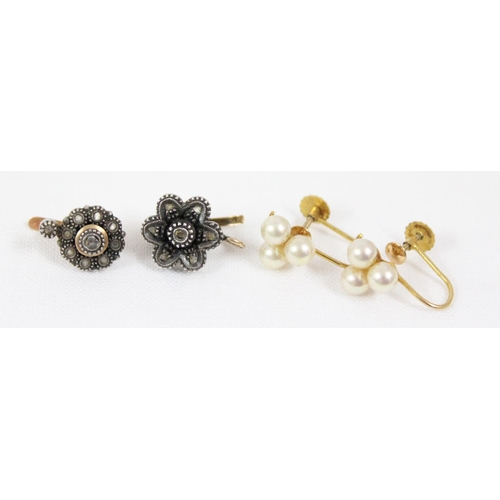 1118 - 2 antique silver and diamond floral set earrings with 18ct gold posts, both indistinctly marked but ... 