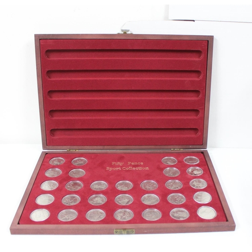 1243 - A complete London Olympics commemorative 50p coin set in wooden display case, full set of 29 coins, ... 