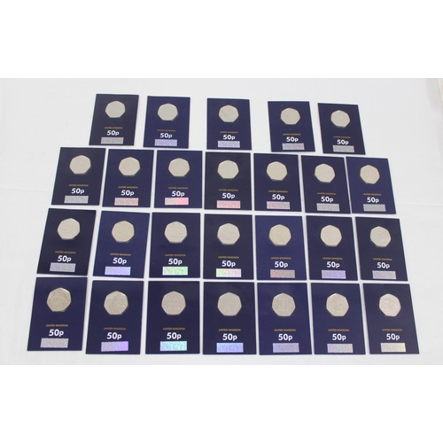 1246 - 26 50p coins on Change Checker cards, all brilliant uncirculated, various designs, 2018, 2019 & 2020