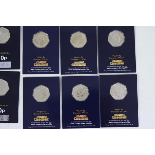 1246 - 26 50p coins on Change Checker cards, all brilliant uncirculated, various designs, 2018, 2019 & 2020