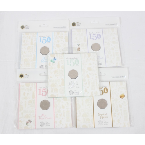 1247 - Royal Mint, a set of 5 2016 Beatrix Potter 150 years 50p coins in folders, UK16BPBU, UK16BPRB, UK16B... 