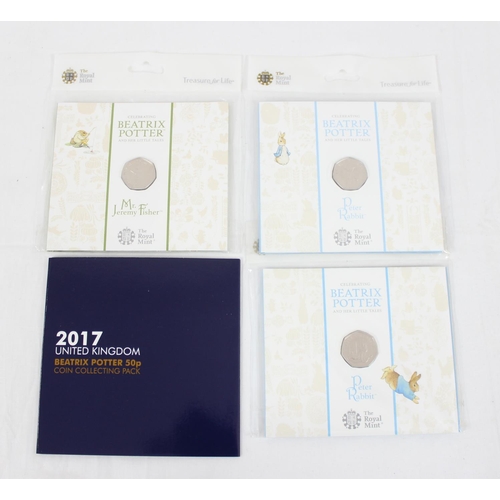 1248 - Royal Mint, 3 Beatrix Potter Brilliant Uncirculated 50p coins in folders, UK17JFBU, UK19PRBU & UK20P... 