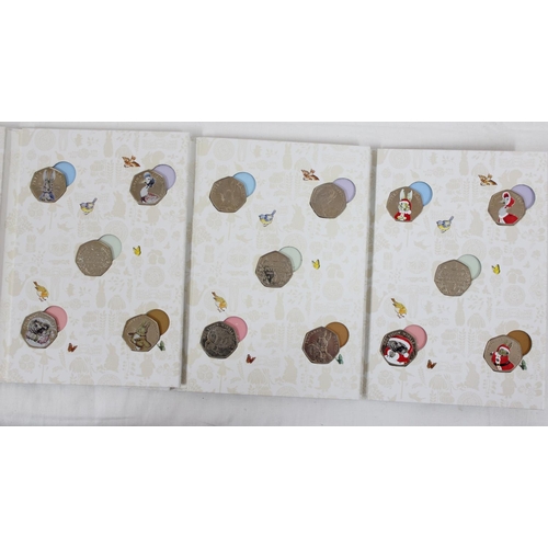 1249 - 3 Royal Mint 150 year of Beatrix Potter 50p collectors folder, CA50B15, each containing 5 coins, one... 