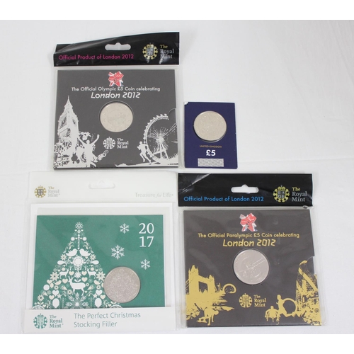 1265 - 4 commemorative £5 coin, all in display cards and packs, £20 face value