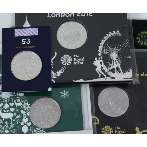 1265 - 4 commemorative £5 coin, all in display cards and packs, £20 face value