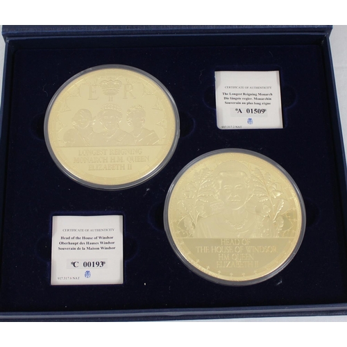 1270 - A set of 4 boxed Queen Elizabeth medallions and paperwork, 2016 gold plated copper proof medals 376g... 