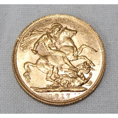 1291 - 1917 George V 22ct gold full sovereign coin, Perth mint, very good condition