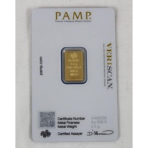 1296 - PAMP (Produits Artistiques Métaux Précieux) of Switzerland 2.5g 999.9 solid pure 24ct gold ingot bar... 