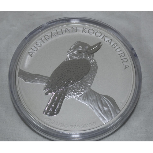 1297 - A rare 2010 Australian Kookaburra 1kg 999 fine silver $30 coin, proof finish, approx 10cm in diamete... 