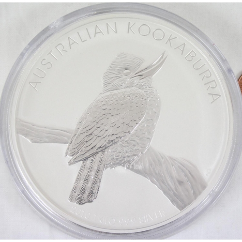 1297 - A rare 2010 Australian Kookaburra 1kg 999 fine silver $30 coin, proof finish, approx 10cm in diamete... 