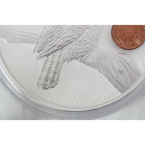 1297 - A rare 2010 Australian Kookaburra 1kg 999 fine silver $30 coin, proof finish, approx 10cm in diamete... 