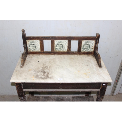 81 - A 19th century stained pine washstand with marble top and tile back, approx 92cm wide