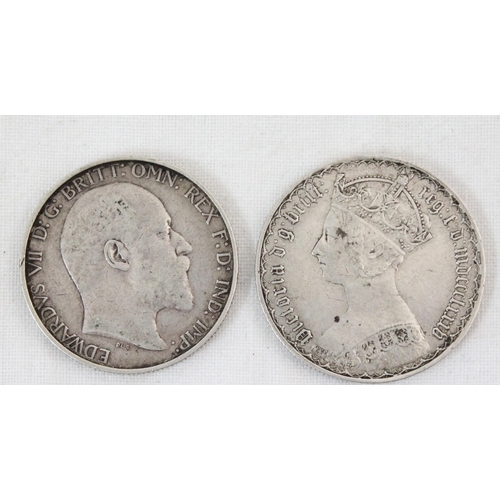 1194 - Queen Victoria Gothic florin coin 1885 & 1903 Edward VII silver florin coin