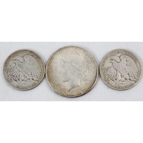 1196 - US silver 1923 Peace dollar coin & 2 silver Liberty half dollars, 1941 & 1943