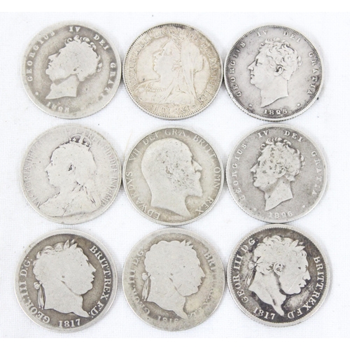 1162 - 9 English full silver shilling coins, George III and later