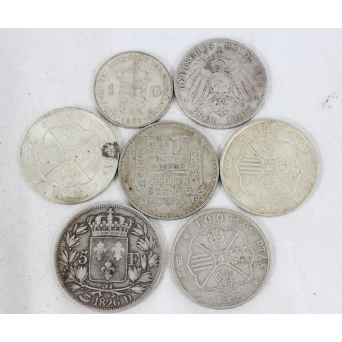 1271A - 7 assorted large world silver coins, all over 80% pure silver, approx 128.28g gross