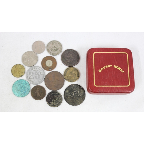 1283A - Qty of assorted interesting coins and tokens and an empty Maundy Money leather box