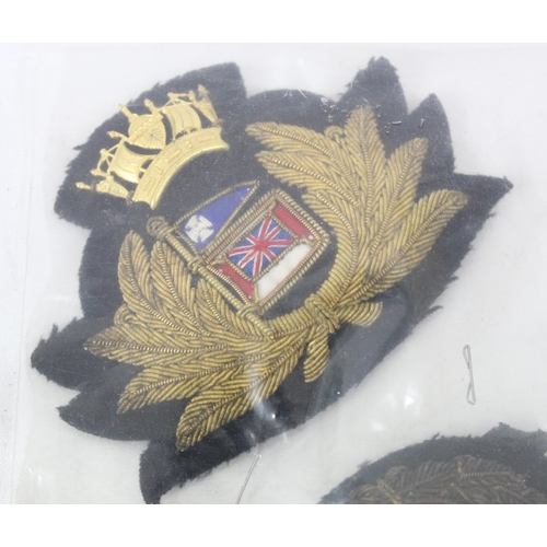 1438 - 3 vintage fabric and gilt metal thread naval badges