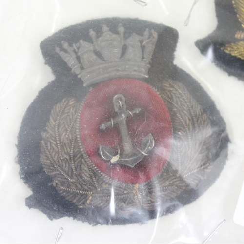 1438 - 3 vintage fabric and gilt metal thread naval badges