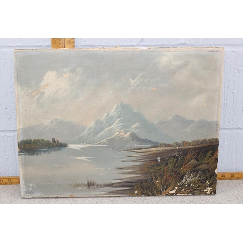 458 - Antique oil on canvas of a mountain by a lake, indistinctly signed lower left