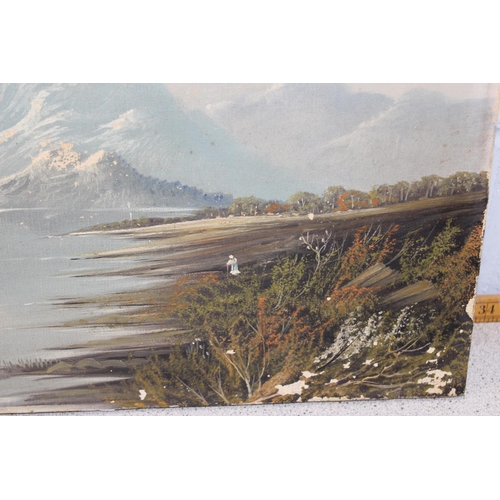 458 - Antique oil on canvas of a mountain by a lake, indistinctly signed lower left