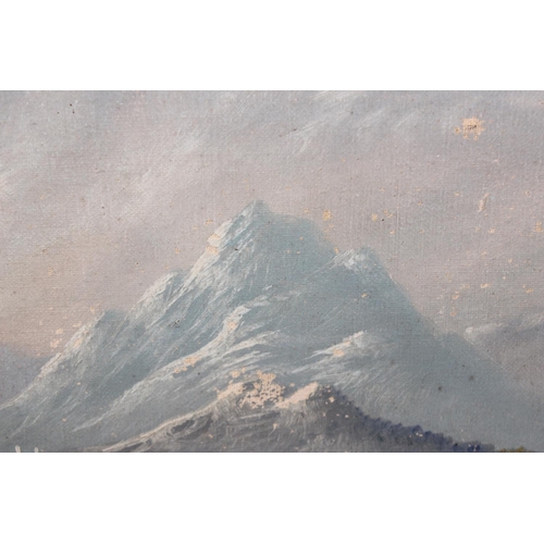 458 - Antique oil on canvas of a mountain by a lake, indistinctly signed lower left