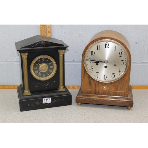 1368 - An antique slate cased mantel clock and another with wooden case and silvered dial (2)