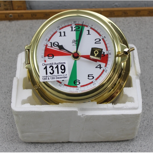 1367 - A vintage Schatz bulkhead style clock with red and green dial, likely shipping related