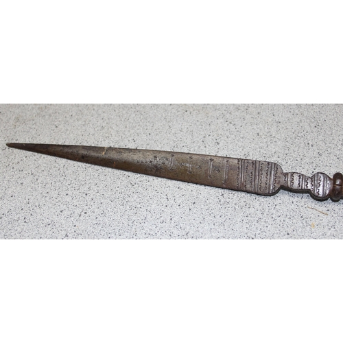 1445 - An unusual African tribal leather clad wooden spear with iron ends and leopard skin handle, approx 1... 