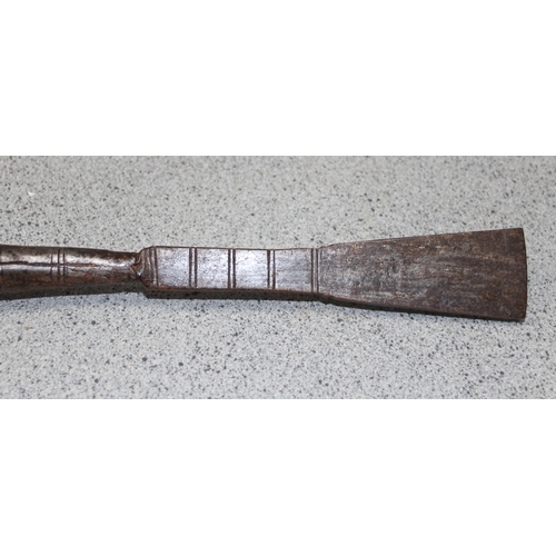 1445 - An unusual African tribal leather clad wooden spear with iron ends and leopard skin handle, approx 1... 