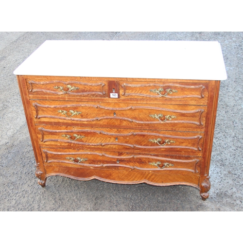 163 - Antique Louis XV style 2 over 4 chest of draws with white marble top, all oak lined