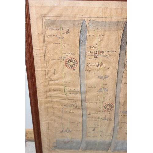 432 - John Ogilby antique framed strip map, London to Chichester, with some hand colouring, approx 52cm x ... 