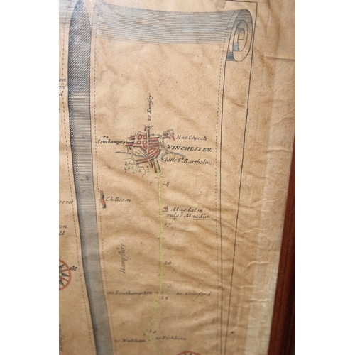 432 - John Ogilby antique framed strip map, London to Chichester, with some hand colouring, approx 52cm x ... 