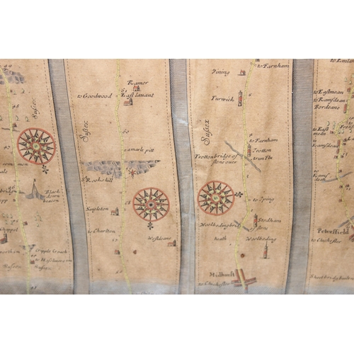 432 - John Ogilby antique framed strip map, London to Chichester, with some hand colouring, approx 52cm x ... 