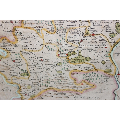 433 - Robert Morden map of Hertfordshire with hand colouring, 18th century