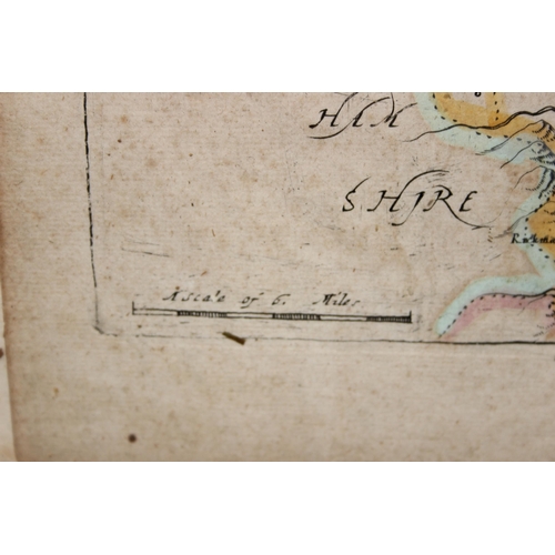 433 - Robert Morden map of Hertfordshire with hand colouring, 18th century