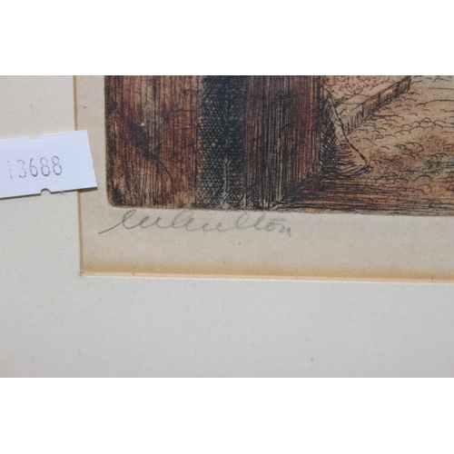 437 - 3 assorted interesting pictures to inc a Continental school etching indistinctly signed in pencil, C... 