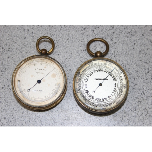 720 - An antique Braham of Bath pocket barometer & another compensated pocket barometer (2)