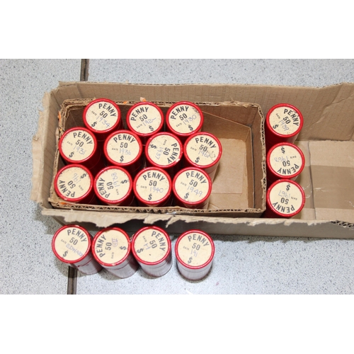 1177 - 18 vintage red cardboard penny tubes containing a qty of coins to inc Heaton mint, seemingly all cor... 