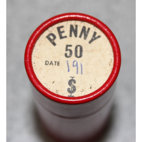 1177 - 18 vintage red cardboard penny tubes containing a qty of coins to inc Heaton mint, seemingly all cor... 