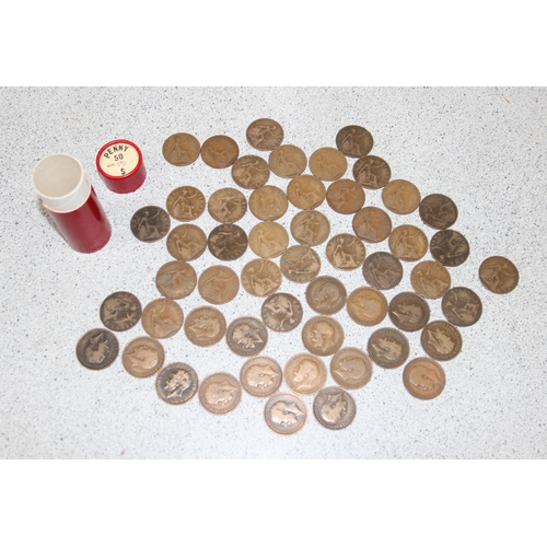 1177 - 18 vintage red cardboard penny tubes containing a qty of coins to inc Heaton mint, seemingly all cor... 