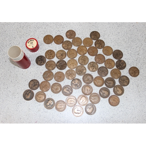 1177 - 18 vintage red cardboard penny tubes containing a qty of coins to inc Heaton mint, seemingly all cor... 