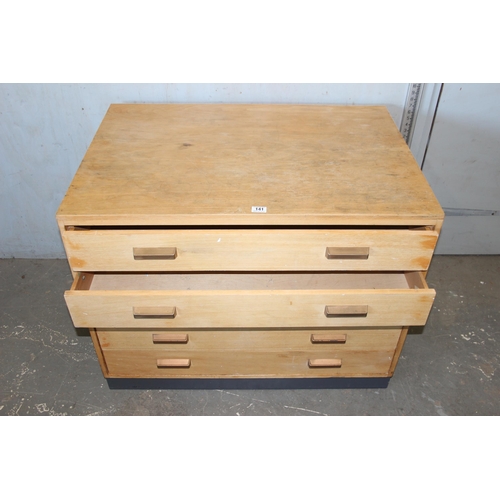 141 - Lightwood retro 5 draw plan chest with interesting graffiti to the back, approx 101cm wide