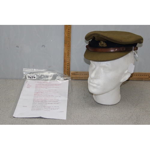 1436 - WW2 period officers cap and badge with related facsimile paperwork named to Lt Colonel James Frederi... 