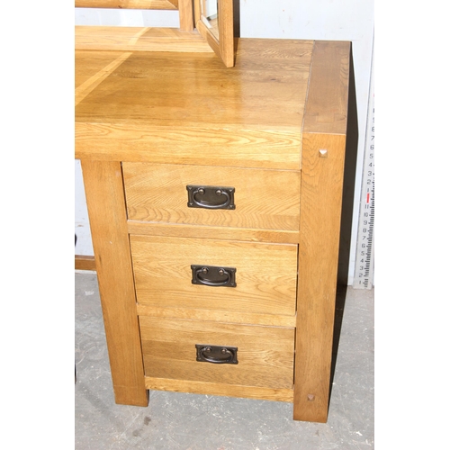 144 - Modern solid oak 3 draw desk with foot stool and mirror