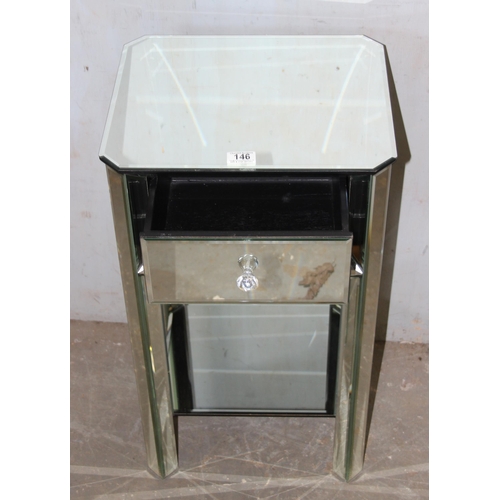 146 - Mirrored bedside table with draw