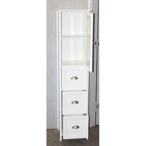 148 - White painted tall storage cupboard, glazed display over 3 drawers