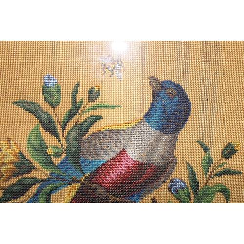 155 - A 19th century Rosewood fire screen with beadwork panel depicting an exotic bird, the frame with sup... 