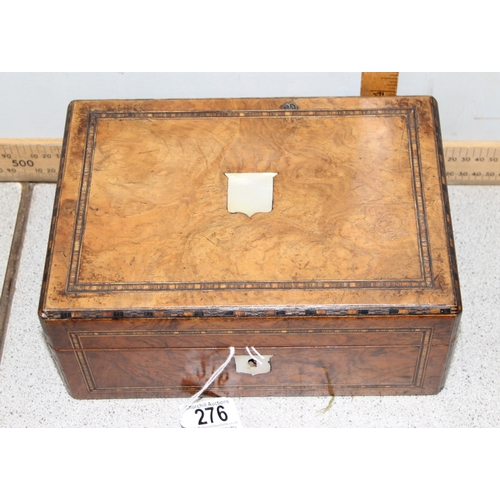 276 - An antique walnut inlaid sewing box with fitted interior